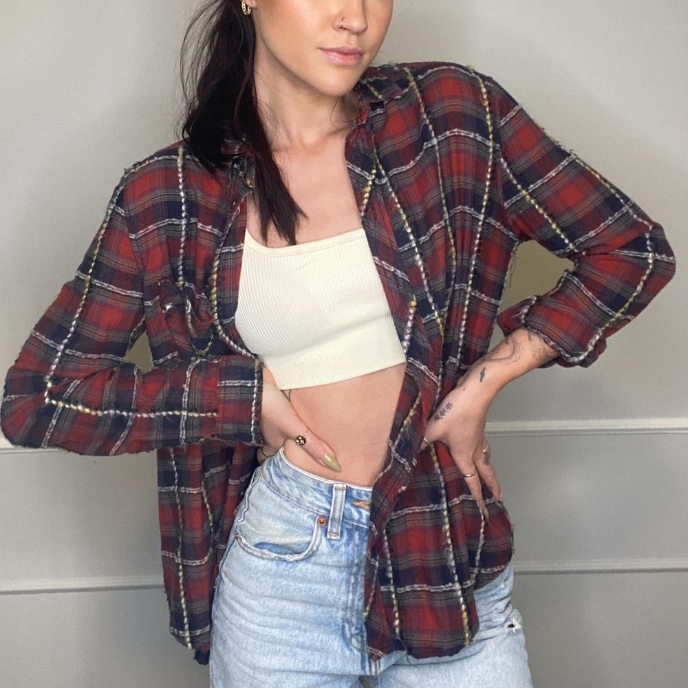 BDG Red & Purple Plaid Flannel with yellow & white stitching